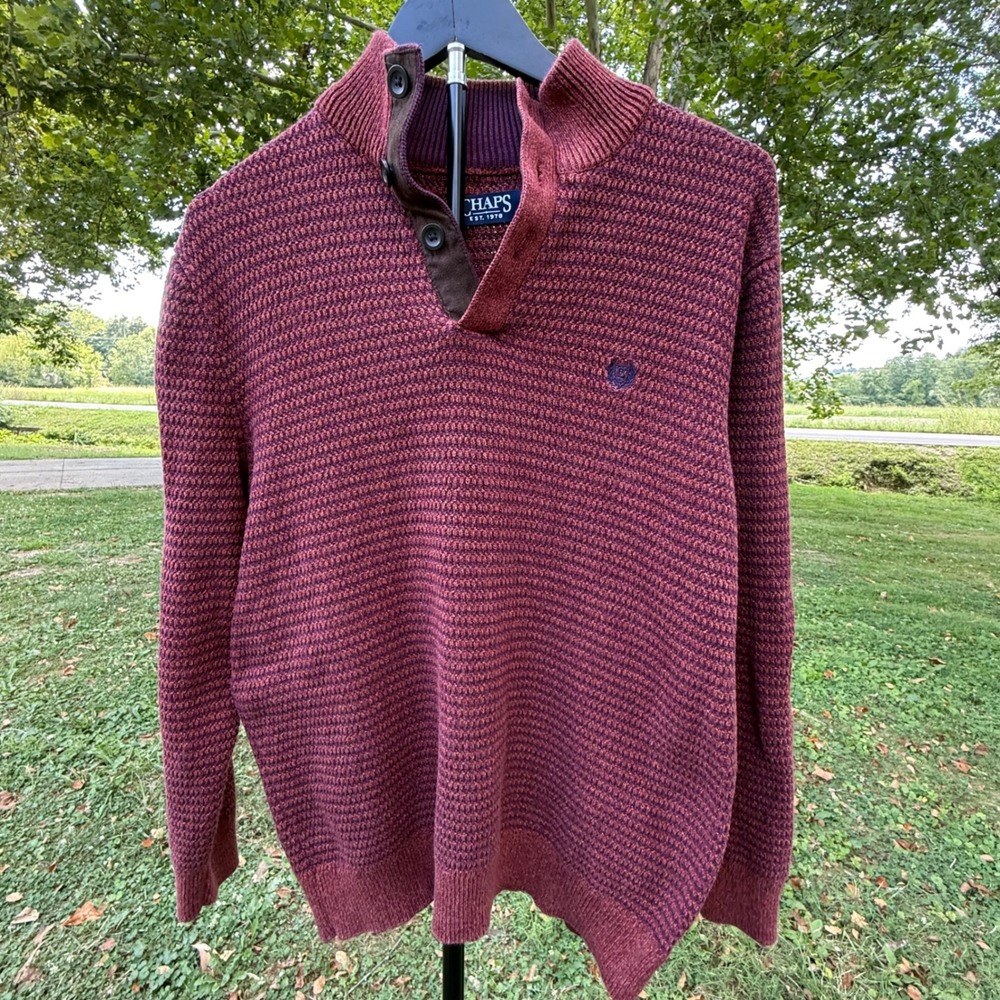 Chaps Mens Mock Neck Waffle Knit Sweater Burgundy Elbow Patches Medium Preppy